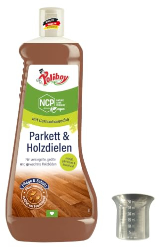 POLIBOY NCP Parkett und Holzdielen Pflege - Bodenreiniger für Echtholzböden - Parkettreiniger mit Pflanzenwachs zur Bodenpflege - 1x 1 L - inkl. Dosierbecher - Made in Germany