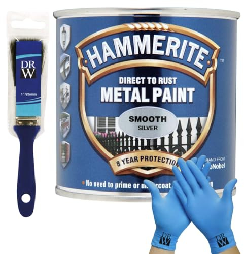 DRW Hammerite Direct to Rust Metal Paint Smooth Silver 250ml 1 Paint Brush & Free Nitrile Gloves | Durable Anti-Rust Protection for Indoor & Outdoor Metal