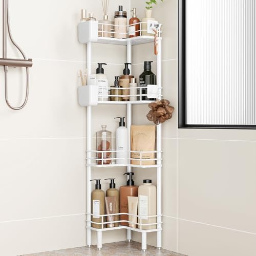 Orimade Estante de ducha sin taladrar, 4 unidades, estante de ducha de esquina, con 2 ganchos y 2 cajas de almacenamiento, cestas de ducha, soporte para baño, champú y gel de ducha, blanco