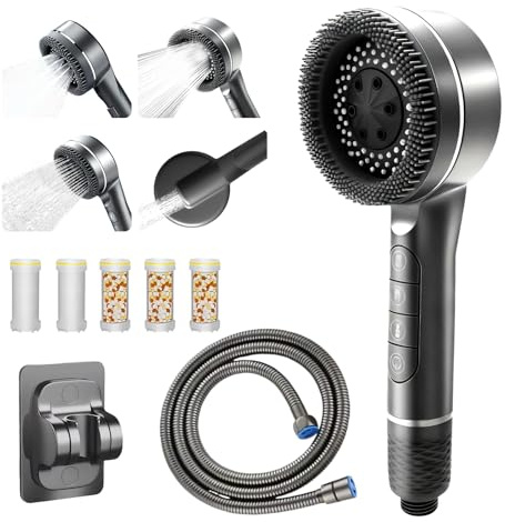 Soffione Doccia con 5 filtri, Doccino per Doccia Alta Pressione con sistema di filtraggio d'acqua testa doccetta manuale da 1.5 m, Telefoni doccia, 4 Modi, R iduce il Calcare con Filtro per Doccia