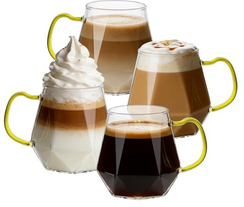 ANZHAN Glass Coffee Mugs 300ml with Handle, Set of 4 - Clear Coffee Cups Latte Glasses, Borosilicate Heat Resistant for Cappuccino, Espresso, Tea, Milk, Juice, Beer and Hot/Cold Beverages