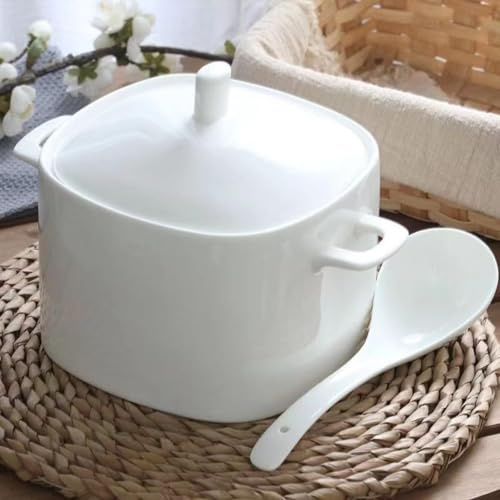 Juego De Soperas para Servir Sopa De Porcelana con Tapa Y Cucharón, Tazón De Servir De Cerámica Grande De 3000ml con Tapa para Fiestas Comedor Entretenimiento Decoración del Ho, White