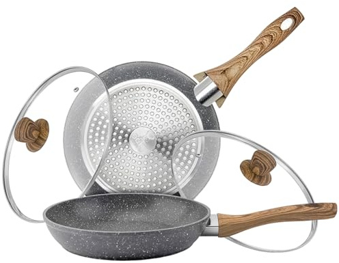 AEX Pack of 2 Frying Pans with Lid 24cm - Non Stick for Induction Gas & Electric Hobs | Deep Fry Pan with Wooden Handle | Everyday Low-Oil Cooking | Easy Clean