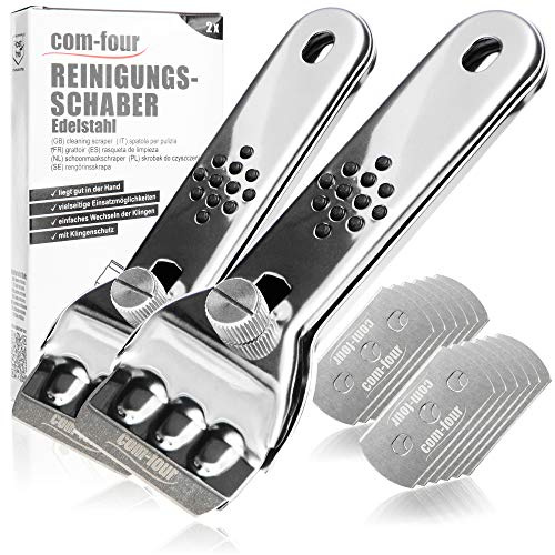 COM-FOUR® 2x keramisk hällskrapa med ersättningsblad - skrapa av rostfritt stål för köket - ceran skrapa med halkskydd och bladskydd - hällskrapa (02 stycken + 12 blad)