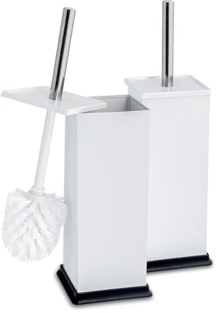 Harbour Housewares White Square Toilet Brushes and Holders – Set of 2 Stainless Bathroom Accessories with Enclosed Design – Rust-Resistant, Compact and Hygienic Cleaning Solution for Modern Homes