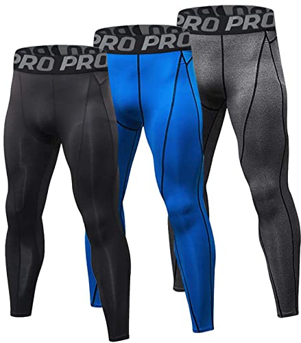 YUSHOW set med 3 långa byxor för herr termiska underkläder varma strumpbyxor herr vinter mjuk och lätt leggings, Svart+grå+blå, L