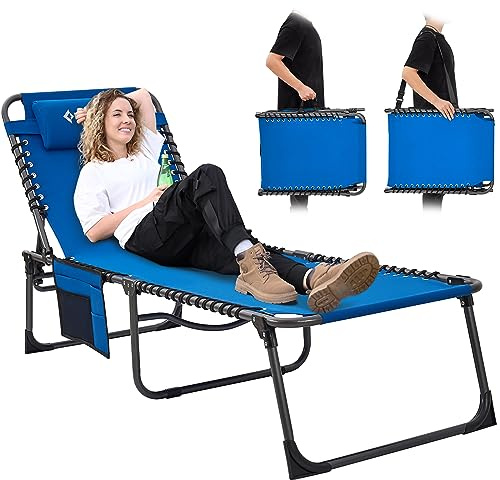 KingCamp Lounge Chairs for Outside, Folding Adjustable Patio Chaise Lounges for Pool, Beach, Sunbathing, Deck, Lawn, Portable Heavy Duty Lay Flat Reclining Foldable Camping Cot for Outdoor with Pillow