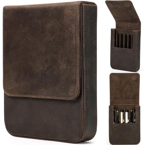CataPurus Top Grain Genuine Leather 6 Pen/Pencil Tray Case Organizer, Minimalist Vintage Design, Handmade, Magnetic Closure with Drawer Design, Gift Choice for Man/Woman/Office, Matte Coffee, 6 Slots
