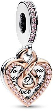 Pandora Moments Heart sterling silver and 14k rose gold-plated double dangle with fancy fairy tale pink cubic zirconia