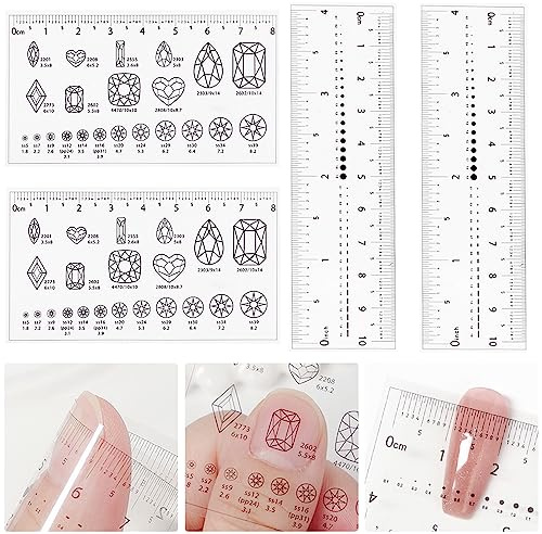 4-Piece Nail Measurement Ruler with Rhinestones - Measuring Tool for Acrylic Nails and DIY Manicure