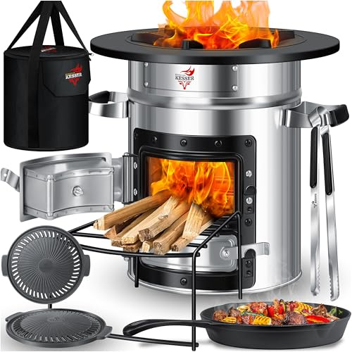 KESSER® Horno de cohetes con sartén de hierro fundido, parrilla, pinzas para barbacoa y bolsa de transporte, horno holandés para barbacoa, cohete de leña, camping al aire libre, barbacoa de acero