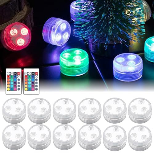 Vegena 12 mini luces LED subacuáticas con mando a distancia, mini luces LED impermeables, mini luces sumergibles para acuario, jarrón, bañera, hogar
