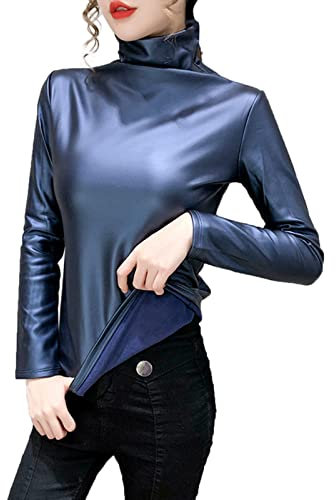 T-shirt à col roulé pour femmes solide manches sac à dos chemisier en cuir chemises décontractées Towns long et fin chemisier femme chemise noire, Z1229a-bleu, S