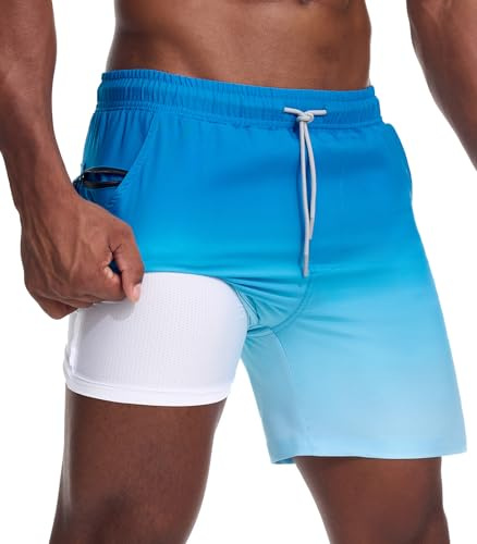 Danfiki Badshorts för män badbyxor 2 i 1 med nätkomprimeringsfoder med dragkedja fickor gradientfärg snabbtorkande, Blå toner, M