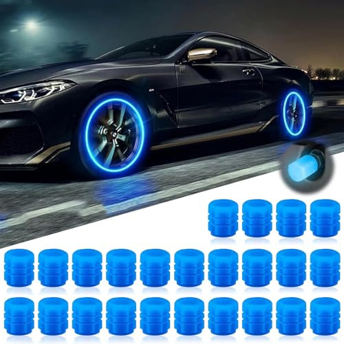 Dust Caps for Car Tyres,24 PCS Fluorescent Car Tire Valve Caps, Universal Valve Caps Fashion Luminous Tyre Caps for General Cars SUV Motorbike Trucks Bicycle Decoration (Blue)