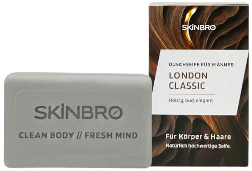 SKINBRO London Classic - Gel doccia da uomo, elegante e legnoso, prodotto in Germania, shampoo da uomo, vegano e sostenibile, senza silicone, sapone solido, sapone naturale, 100 g
