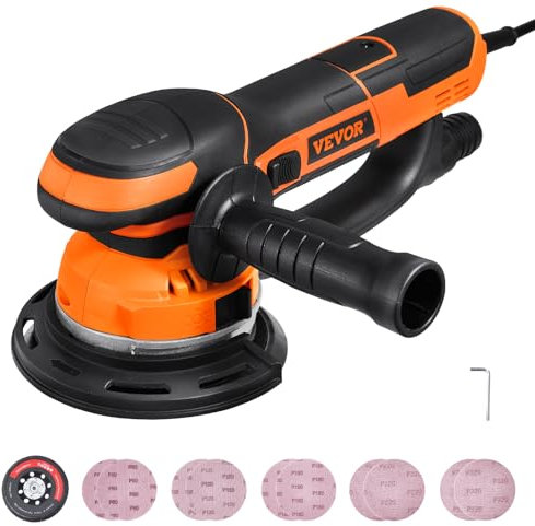 VEVOR Levigatrice Orbitale Casuale a 6 Velocità Variabile 850 W 7400 PRM Levigatrice Orbitale a Doppia Azione DA e GA da 150 mm Levigatrice Palmare Elettrica, 10 Fogli Abrasivi, Connettore Antipolvere