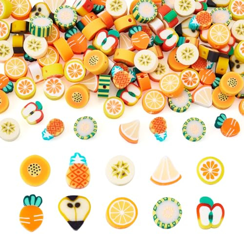 Spritewelry 100 st handgjorda polymerlera fruktpärlor blandade ananas orange päron äppelskiva lösa distanspärlor för halsband, armband, smyckestillverkning