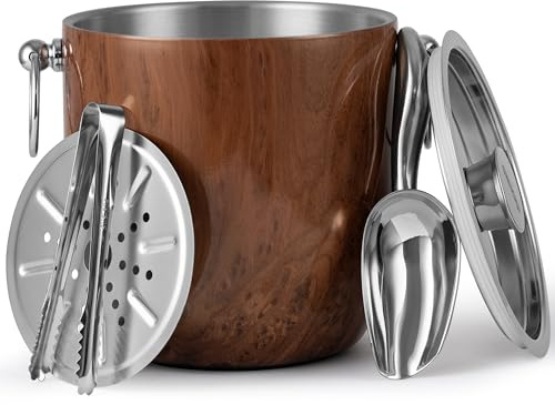 Golden Cudgel Insulated Ice Bucket, 3L Double Wall Stainless Steel Ice Bucket with Tongs,Lid, Scoop and Strainer, Ice Buckets for Parties,Cocktail Bars, Chilling Beer, Champagne, Wine Bottles,Wood