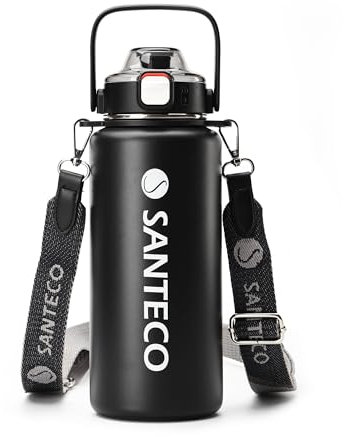SANTECO Thermosflasche Edelstahl mit Strohhalm, Trinkflasche 1,2l BPA-Frei mit Abnehmbarer Schultergurt, Isolierflasche Auslaufsicher Wasserflasche Spülmaschinenfest für Laufen Wandern Schwarz