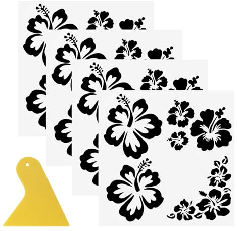 APOMOONS 4 Foglio Adesivi Per Auto con Fiori di Ibisco – Stickers Neri in PVC con Spatola – Adesivo Auto Moto Bici Impermeabile Decorazione Murale Laptop Finestra per Fai da Te e Interni