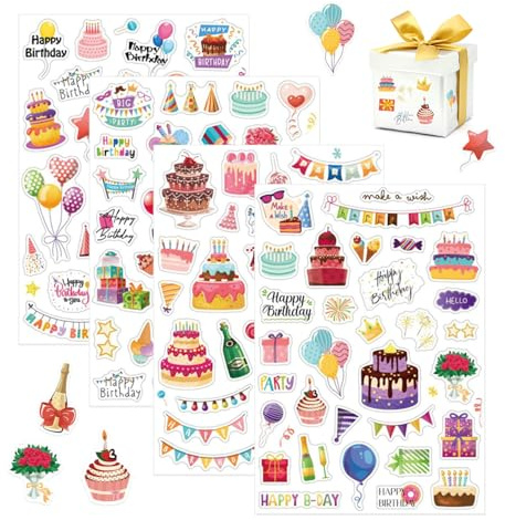 GIDWRIY 4 Hojas Pegatinas Cumpleaños,Scrapbooking Pegatinas álbum Infantil,Impermeable Pegatina de Baby Shower,Happy Birthday Stickers Album Fotos,Ordenador Sticker Book Aesthetic para Fiesta Tarjetas