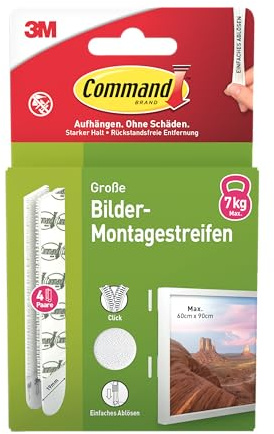 Command 17206WHI-4-DE - Lot de 4 x 2 (8 bandes) - Fixation sans perçage - Pour cadres photos, miroirs et autres décorations - L (grand)