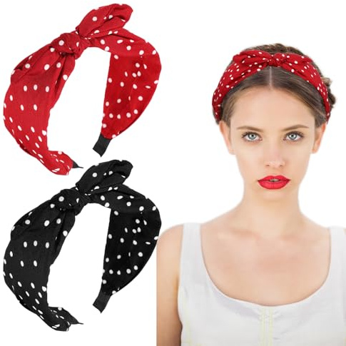 XLIUAX 2 Stück Polka Dots Haarreif Damen, Rockabilly Kaninchen Ohren Haarbänder Frauen, Rutschfest Kopfbedeckungen Elastische Geknotete SchleifenBStirnbänder Vintage Haarschmuck Halloween(Rot Schwarz)