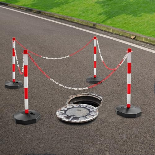 4er Set Absperrpfosten Kettenpfosten, Tragbare Parkplatzsperre mit 4 Ketten und Sand/Wasser befüllbarer Basis, Absperrung Poller für Parkplatz, Auffahrt, Straßenbau
