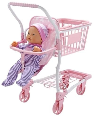 2-in-1 Pink Shopping Trolley and Basket, Doll Toy Cart with Wheels, Handle Height 55cm