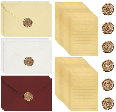 DUINIU 9 Buste, 30 Fogli di Carta da Lettera E 9 Stampe Fuoco Lacca, Squisita Retro Fuoco Lacca Lettere Stampate, alla Moda di Lino Strutturato Buste, Utilizzato per Gli Inviti, Lettere d'Amore.