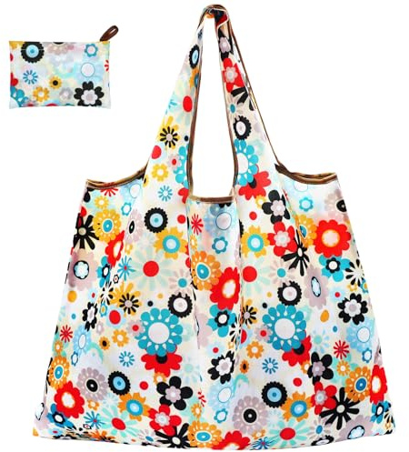 CHEESANHERR Sac Courses Pliable, Sac Cabas Grande, Tote Bag Sacs Tissu à Provisions Réutilisable, Sacs Pliables Grocery Shopping Bag pour Extérieur Voyage, 53 X 66 cm (Fleur Colorée)