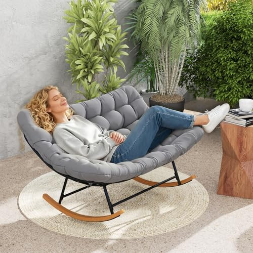 GIANTEX Sedia a dondolo per 2 persone, poltrona allattamento imbottita, cuscino spesso, schienale ergonomico, telaio in metallo, poltrona papasan per soggiorno, balcone e giardino, carico 320 kg