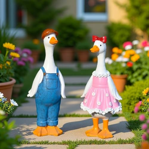 Lot de 2 statues de canard en résine pour jardin, terrasse, pelouse, décoration résistante aux intempéries