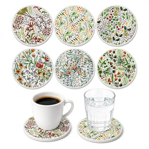 6 Pcs Floral Print Drink Coasters, Silicone with Cork Backing, 10 cm | Floral printed wooden surface; 10 cm round design helps reduce drips, heat marks and scratches; for mugs and glasses