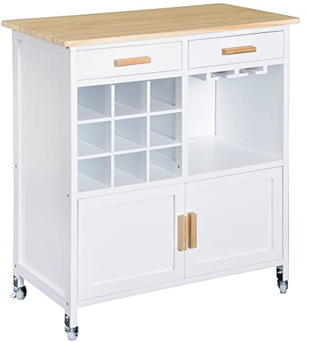 HOMCOM Mobiletto da Cucina con Ruote, Portabottiglie e Porta Bicchieri in Bambù, 76 x 40 x 88cm
