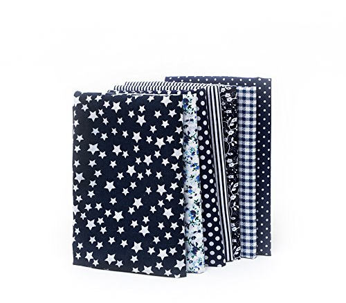 RayLineDo® 7pcs 25 * 25cm Different Pattern Patchwork Fabric Craft Printed Cotton Material Mixed Squares Bundle Quilting Scrapbooking Sewing Artcraft DIY Fabric Navy Series