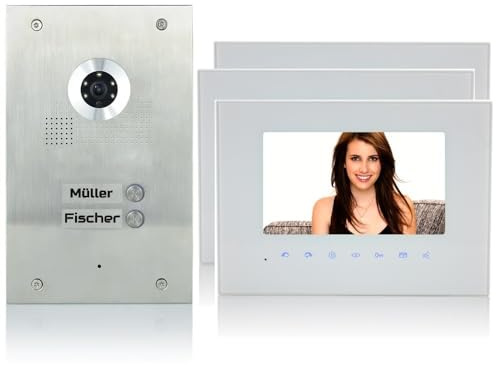 MATHFEL 2 Familienhaus 2 Draht Bus Türsprechanlage 7'' Monitor Kamera 170° Edelstahl, Monitore in Glas, 3x7'' Monitor in Weiß, Außenstation Edelstahl mit Gravur