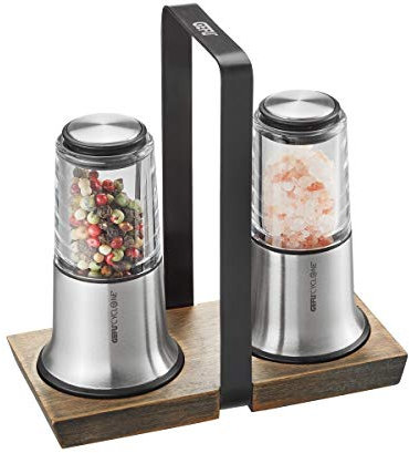 GEFU X‑PLOSION® Salz‑ & Pfeffermühlen‑Set S | CYCLONE® Keramikmahlwerk, stufenlos einstellbar | Akazienholz‑Menage mit Tragegriff