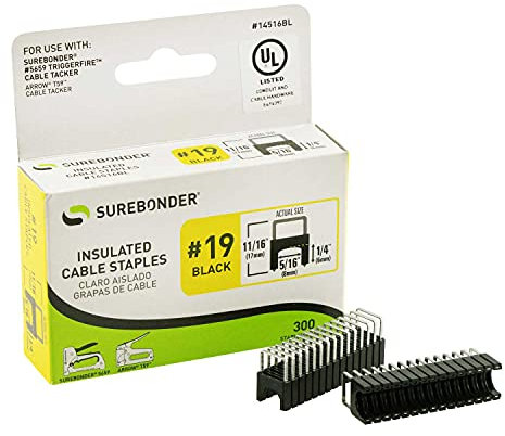 Surebonder 14516BL - Grapas aisladas para cable RG-6, RG-59, cable de red coaxial, cable Ethernet y otros cables de hasta 5/16 pulgadas de ancho, 1/4 x 5/16 pulgadas, paquete de 300, n.º 19