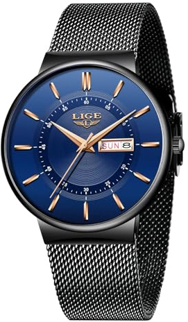 LIGE Uhr Herren | Wasserdicht Edelstahl Vintage Analog Armbanduhren Business Quarz Schwarz Edelstahlband Herrenuhr Datumsanzeige Klassisch Einfach Watches for Men - Geschenk für Männer,Blau Schwarz