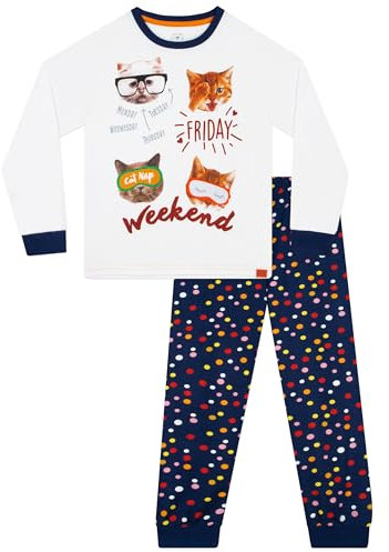 Harry Bear Kattpyjamas | Pyjamas för Flickor | Barnpyjamas med Katter | Pyjamaset med Långärmad Tröja för Flickor | Vit 158
