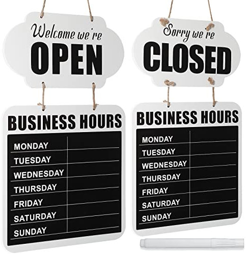 Tableau Suspendu Business Hours Signe Open Closed Tableaux de Bienvenue en Bois Panneau de Porte de Restaurant Double Face avec Stylo Tableau Effaçable pour Café Fleuriste Boutique (Blanc)