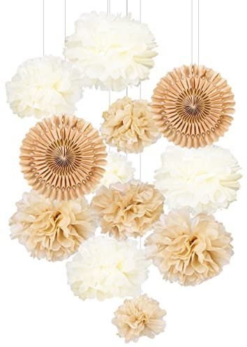 Beige Deko 12 Stk. Pompons Hellbraun Seidenpapier Pompoms Geburtstagsdeko Papier Fächer Braun Pom Poms Set für Hochzeit Babyparty Neutral