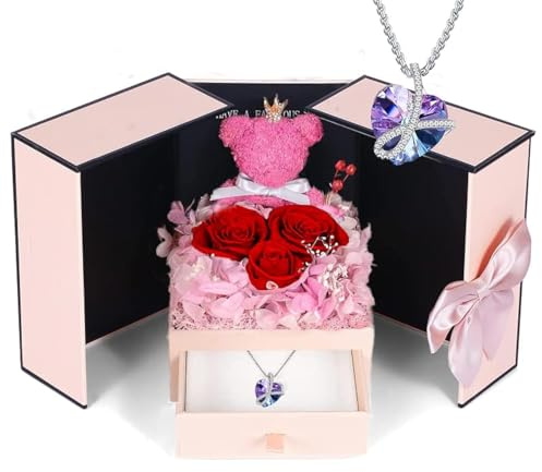 Firestyle Preserved Pink Rose Moss Bear with Purple heart crystal necklace, Gifts for Women Girlfriend Wife Mom Grandma Christmas Valentines Day Birthday Anniversary, Red