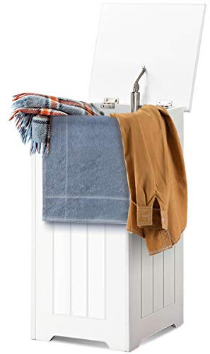 GOPLUS Cesto para la ropa sucia con tapa, de madera, color blanco, para dormitorio, cuarto de baño (con bolsillo interior)