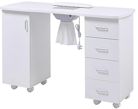 Warmiehomy Professional Manicure Nail Table, Manicure Nail Desk with Built-in Nail Dust Collection, Mobile Art Beauty Salon Workstation Vacuum Fan Table Work Station, White