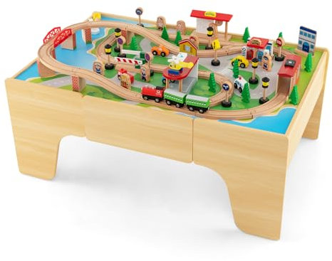DREAMADE Spieltisch aus Holz, 84-teiliges Eisenbahn-Set, Holzeisenbahn mit Schienen, umkehrbarer und abnehmbarer Tischplatte, großer Aufbewahrungsschublade, Spielzeug für Kinder ab 3 Jahre (84-teilig)