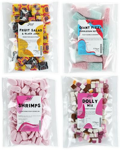 Just Treats Sweet Quartet - Fruit Salad & Black Jacks, Giant Fizzy Bubblegum Bottles, Candy Shrimps & Dolly Mix (4 x 175g Bags) - 7,11,13,14