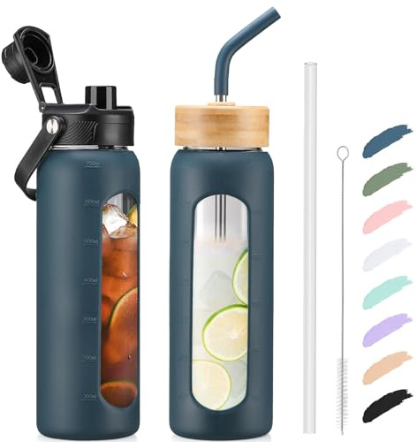 Kodrine 24oz Glass Water Bottle with Straw and 2 Lids-Bamboo Straw and Spout Lid with Carry Handle, Borosilicate Glass Drinking Bottle with Silicone Sleeve and Time Marker For Sports Travel, Navy Blue
